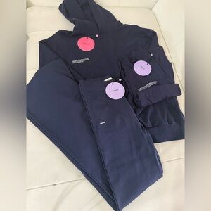 NWT Pangaia 3 piece navy coord set Hoody Flared Pants & long sleeve tee XS